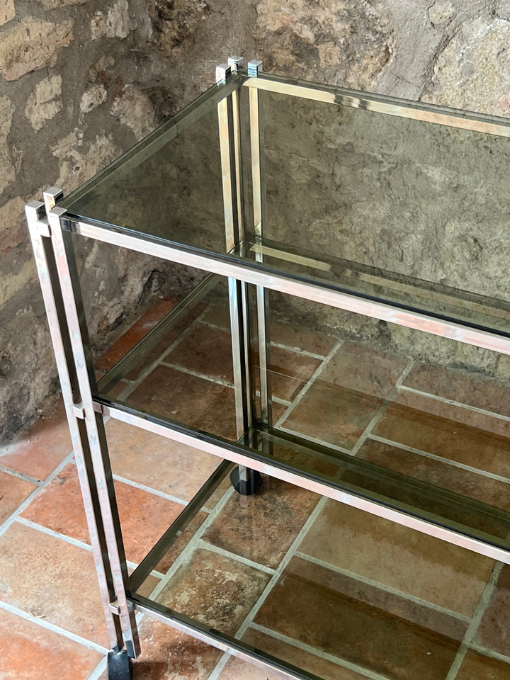 Carrello vintage in acciaio e vetro fumé – Anni '70