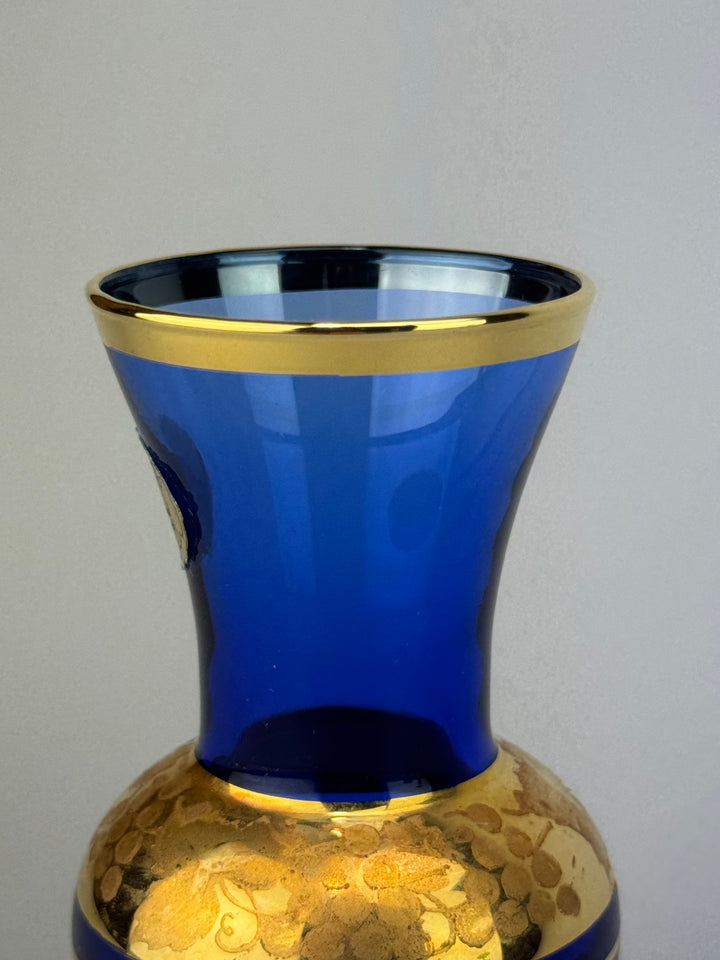 Vasetto in vetro blu con decoro dorato Murano