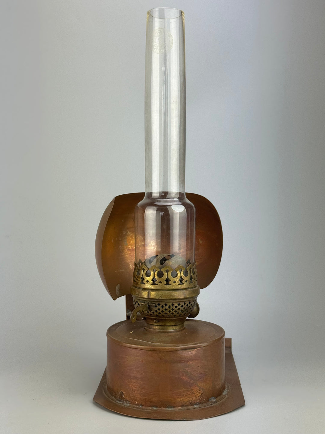 Lampada ad Olio Duplex in rame con campana vetro E. Lebrecht e figli