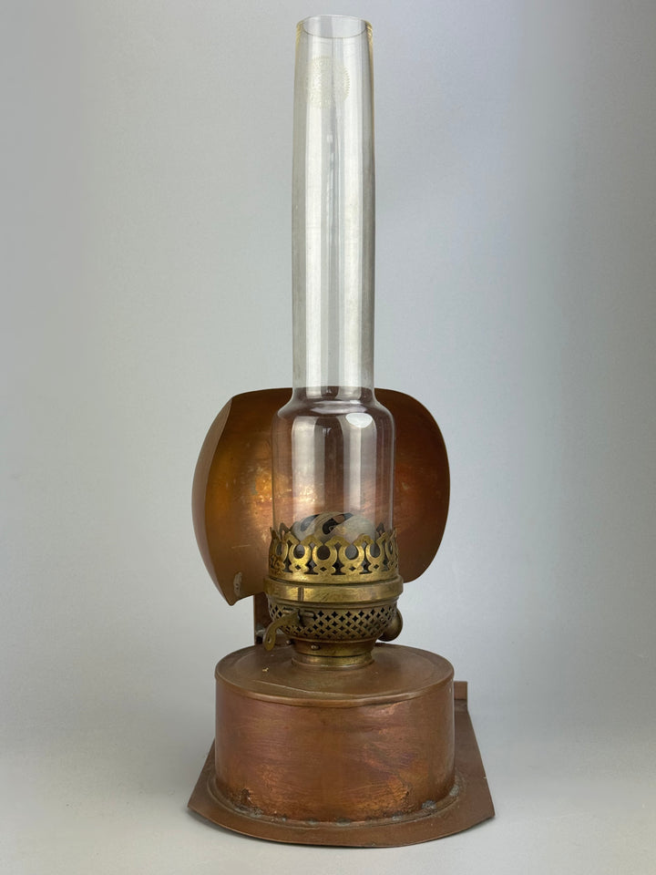 Lampada ad Olio Duplex in rame con campana vetro E. Lebrecht e figli