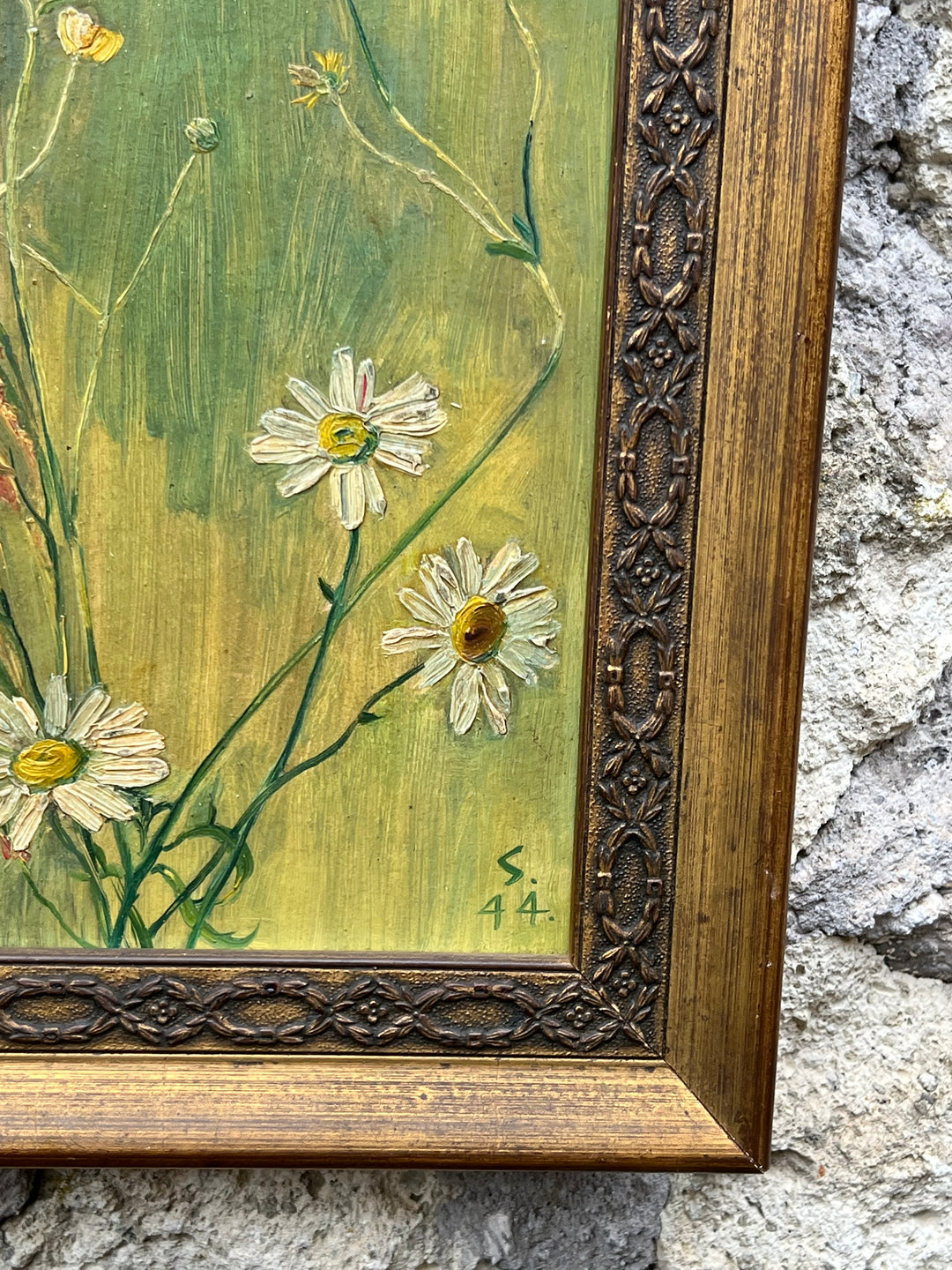 Quadro vintage – Olio su tavola con fiori di campo – Firmato