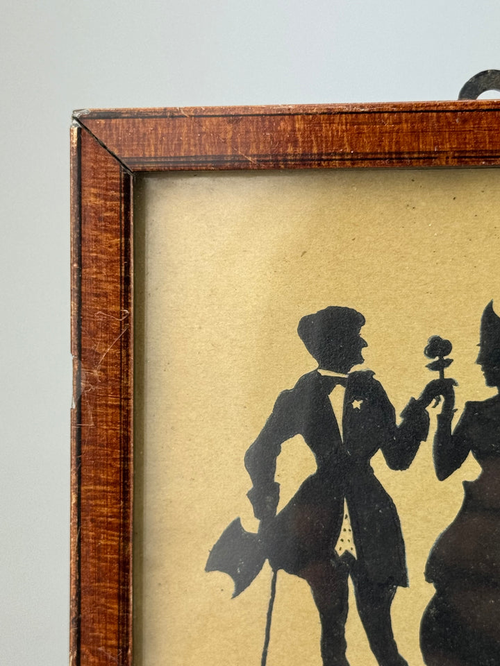 Quadretto silhouette coppia in stile vittoriano penna su carta con cornice in legno