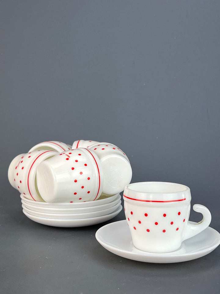 Set da caffè sei persone vetro opalino pois rossi vintage