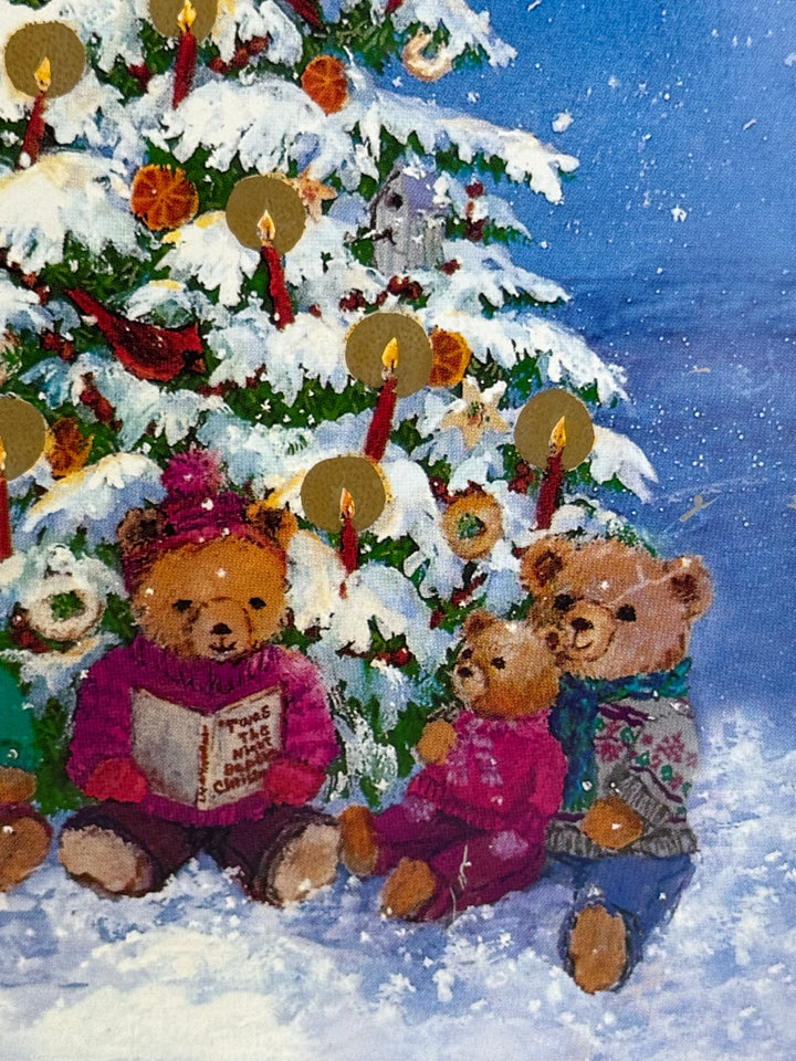 Scatola di latta natalizia vintage con orsetti e albero di Natale