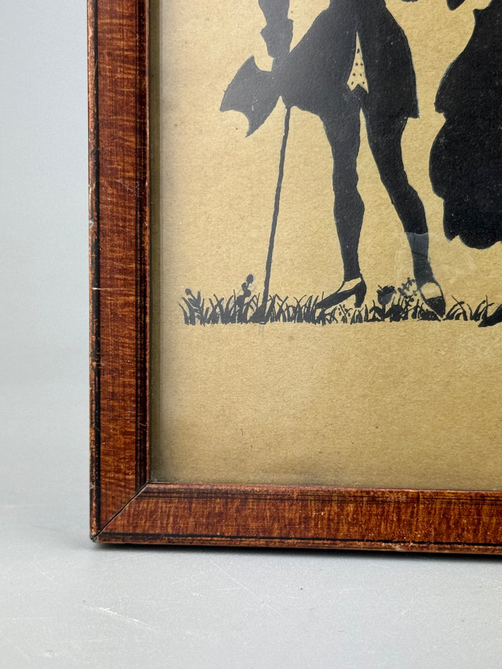 Quadretto silhouette coppia in stile vittoriano penna su carta con cornice in legno