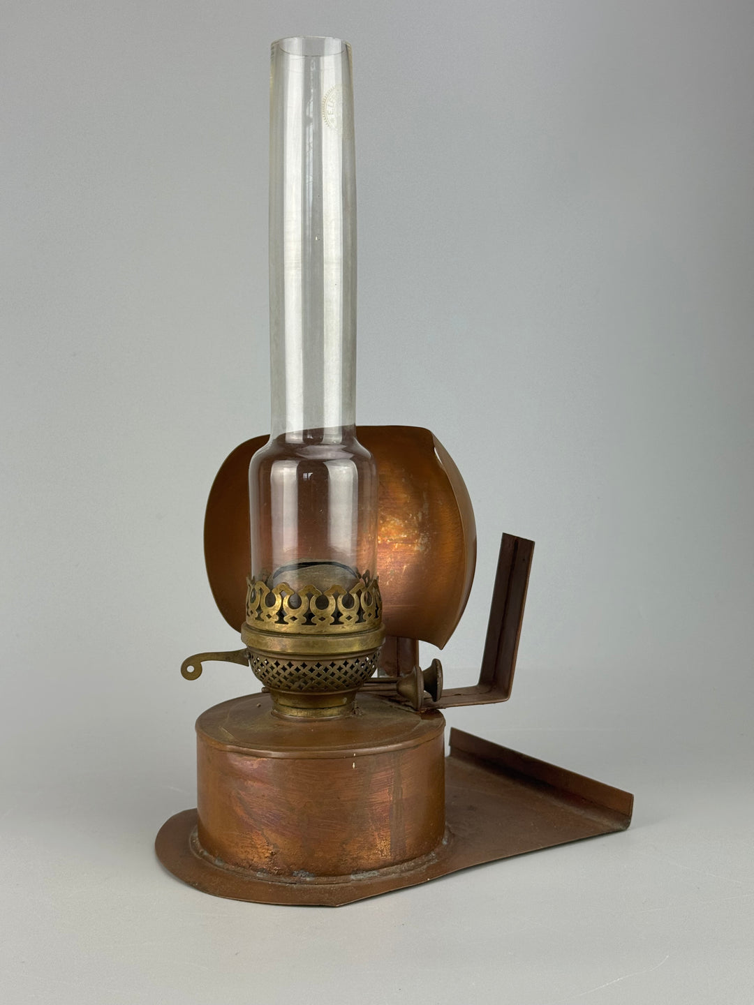 Lampada ad Olio Duplex in rame con campana vetro E. Lebrecht e figli