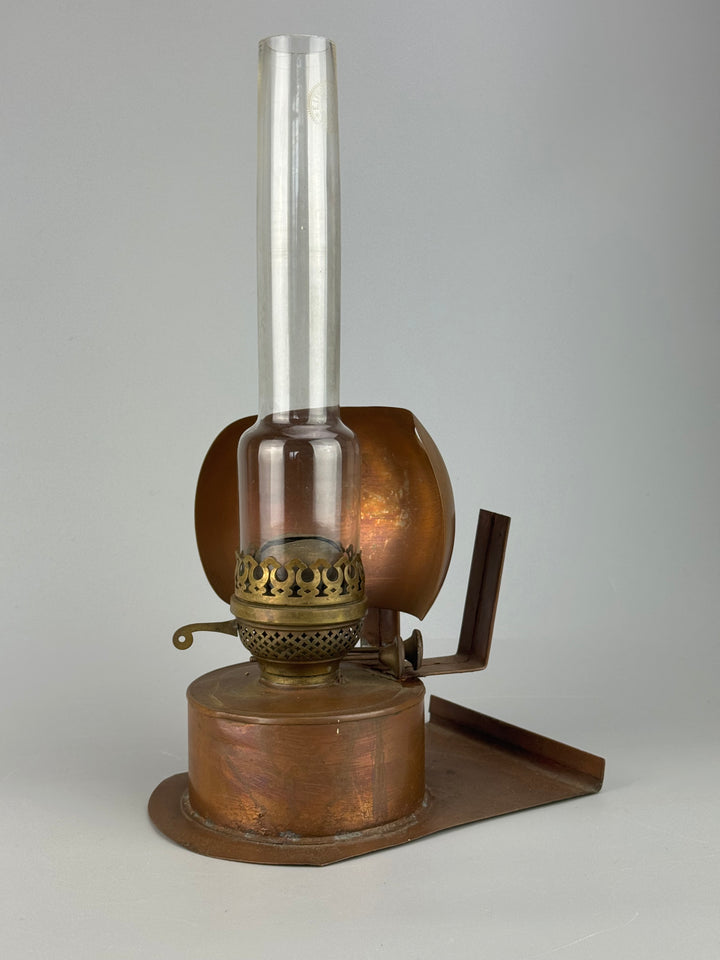 Lampada ad Olio Duplex in rame con campana vetro E. Lebrecht e figli