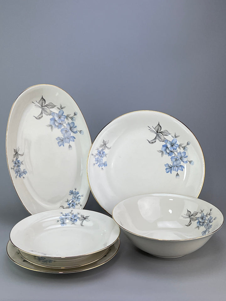 Servizio di piatti 12 persone vintage Dilhand Fabrik fiori celesti e bordo dorato