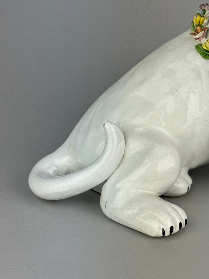 Statua Gatto decorativo vintage in ceramica italiana con fiori applicati