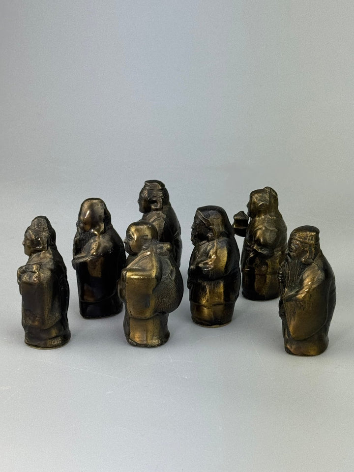 Set di 7 Shichi Fukujin in bronzo Divinità della Fortuna Giapponesi XX secolo