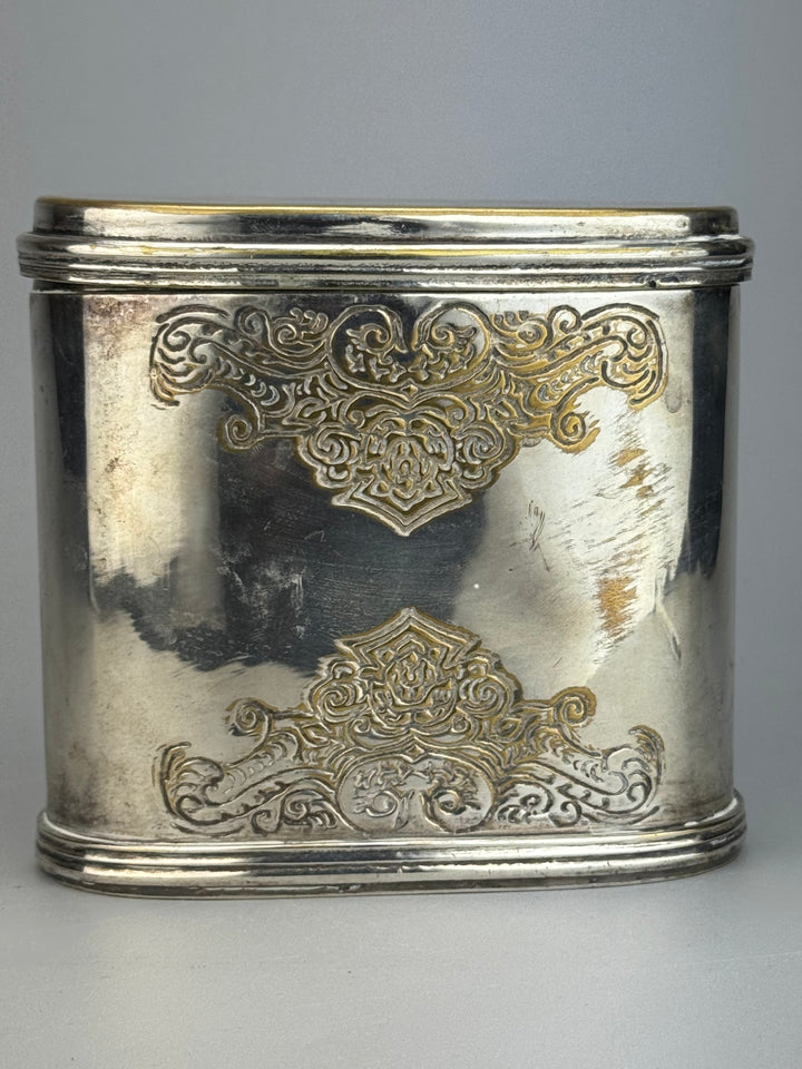 Scatola porta tè vintage in silverplate inciso