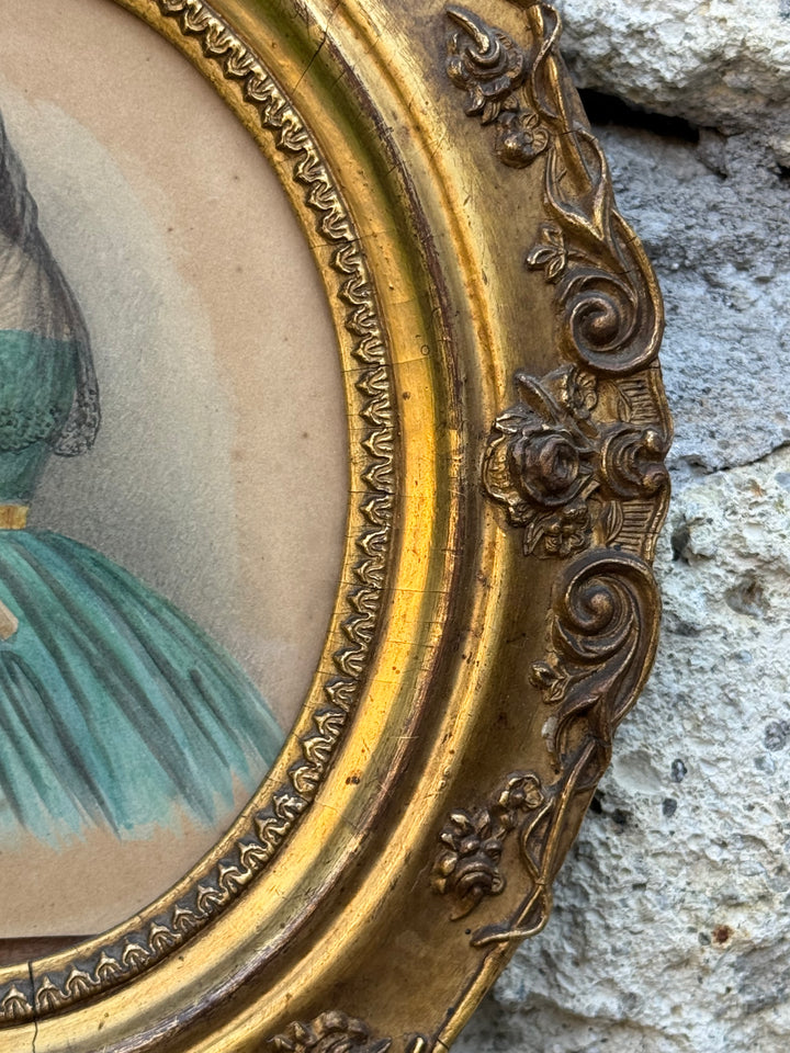 Ritratto Femminile antico ad acquerello e matita con cornice dorata