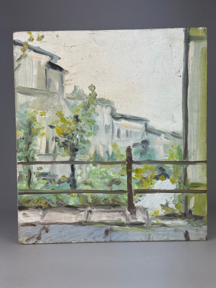 Dipinto vintage su tavola "Veduta urbana con terrazza"