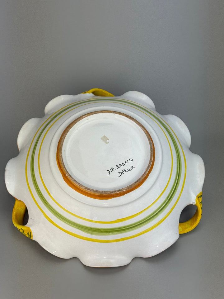 Centrotavola in ceramica dipinta a mano Deruta con decoro frutta con manici