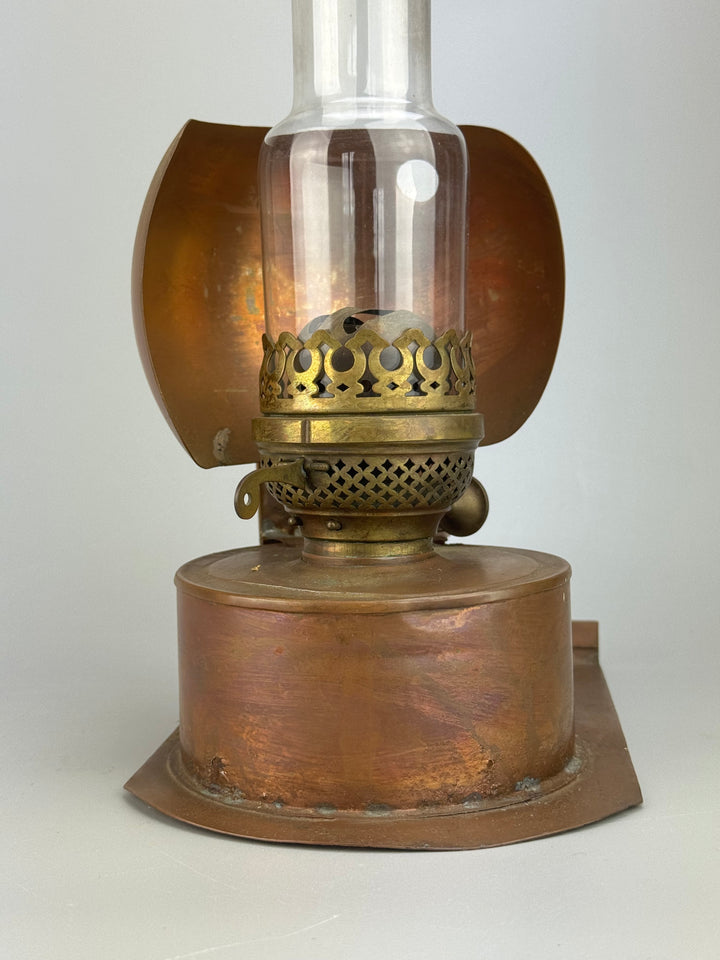Lampada ad Olio Duplex in rame con campana vetro E. Lebrecht e figli