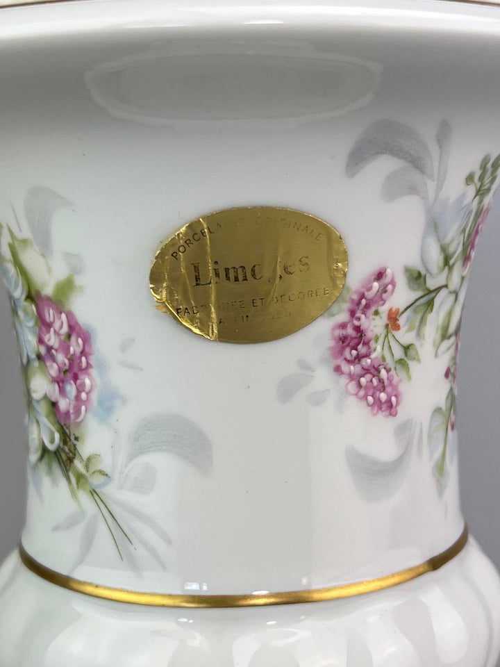 Vaso in porcellana Limoges France con decoro floreale rosa e blu