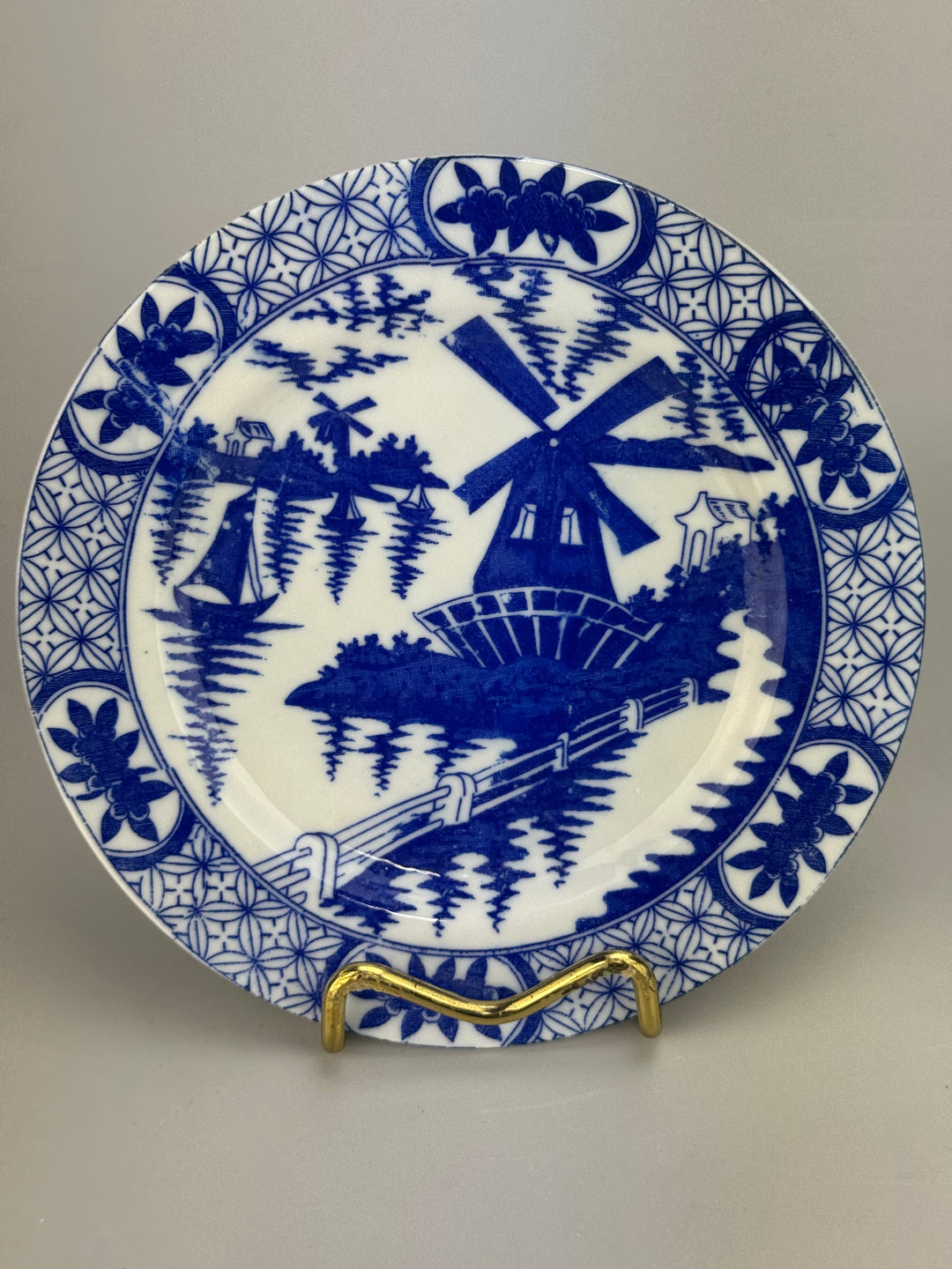Set da dolce 6 persone vintage in porcellana bianca e blu con paesaggio a mulino
