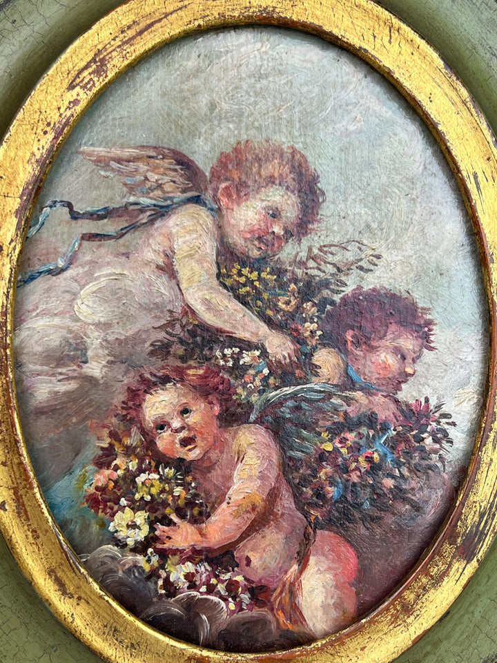 Quadro Ovale con Putti – Olio su Tela in Cornice Verde Dorata, Vintage