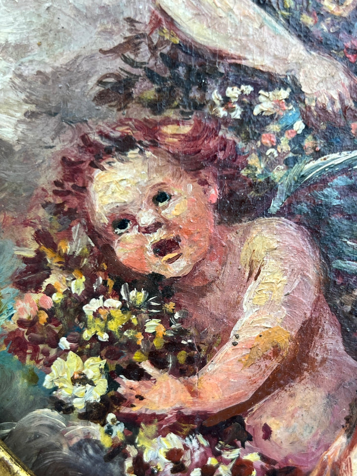 Quadro Ovale con Putti – Olio su Tela in Cornice Verde Dorata, Vintage