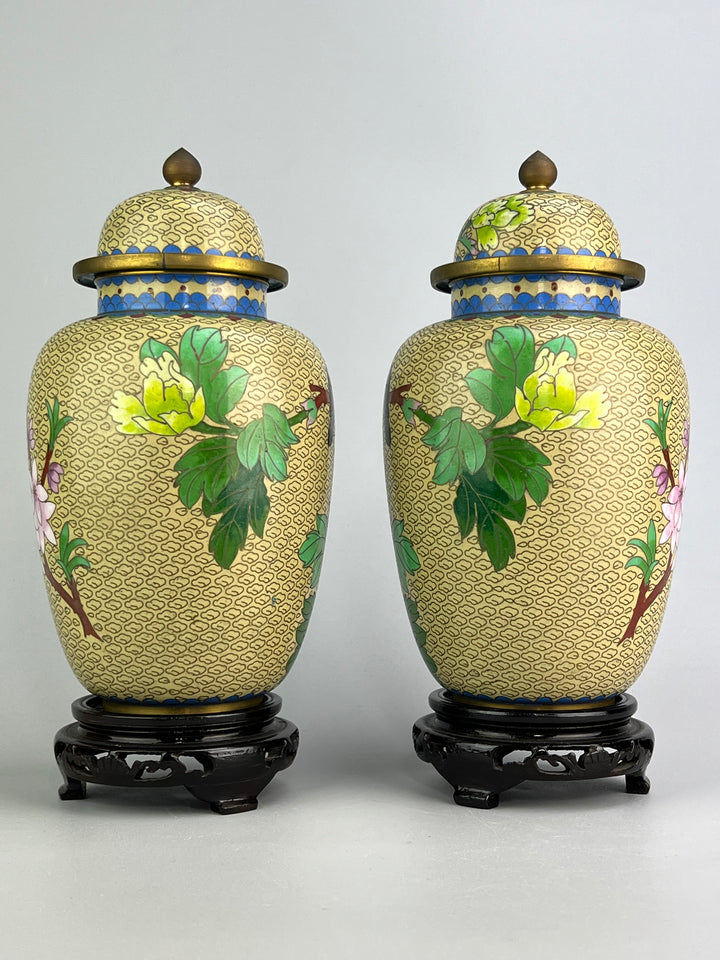 Coppia di vasi cinesi cloisonné con coperchio e base in legno