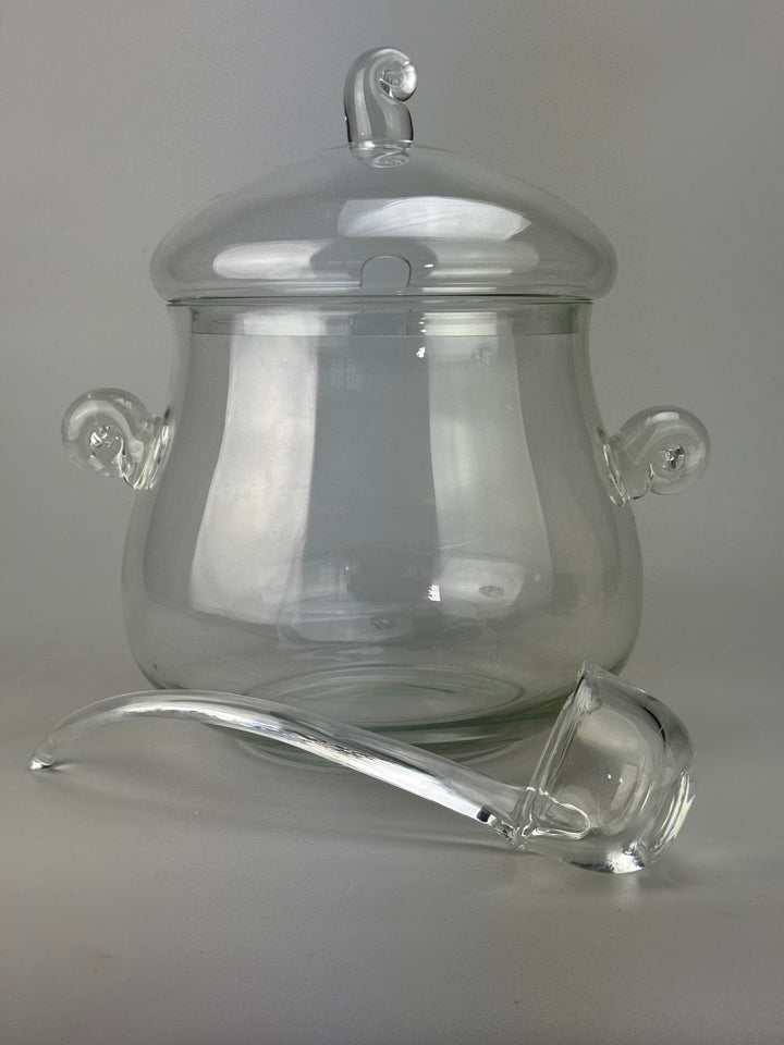 Ciotola vintage da punch in vetro con coperchio e mestolo