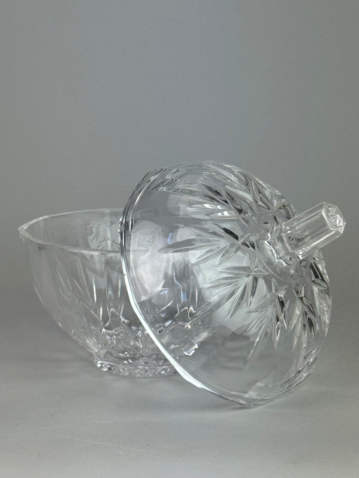 Scatola porta bon bon vintage in vetro trasparente decorato con coperchio