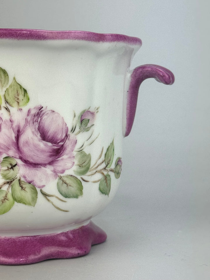 Piccolo cachepot in porcellana dipinta a mano con rose vintage
