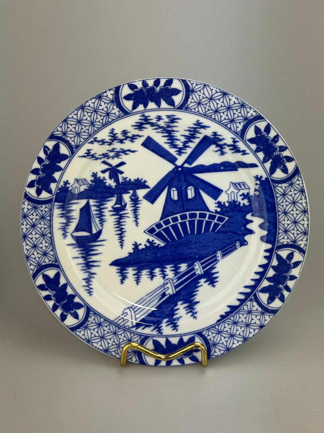 Set da dolce 6 persone vintage in porcellana bianca e blu con paesaggio a mulino