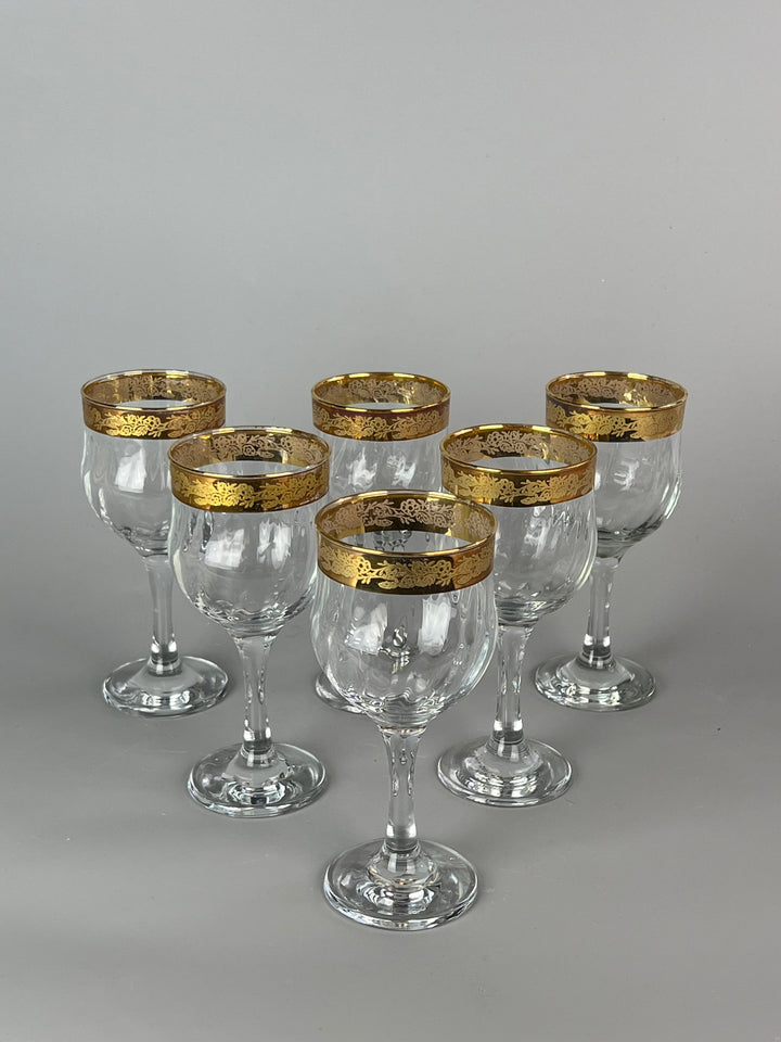 Set di 6 calici in vetro con bordo dorato inciso