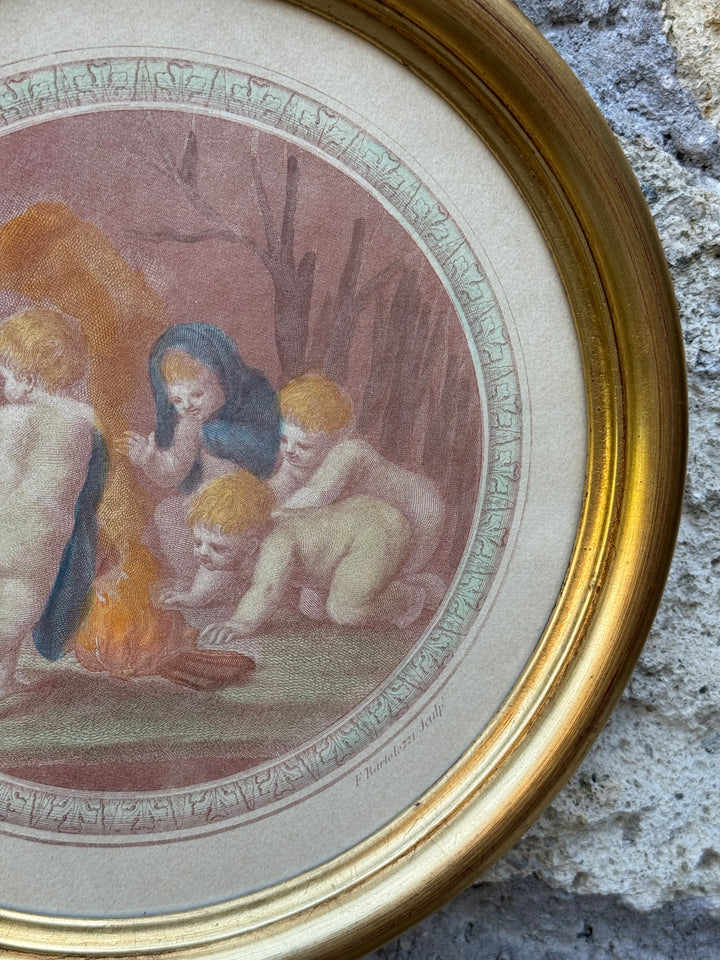 Stampe tonde con raffigurazione putti con cornici dorate