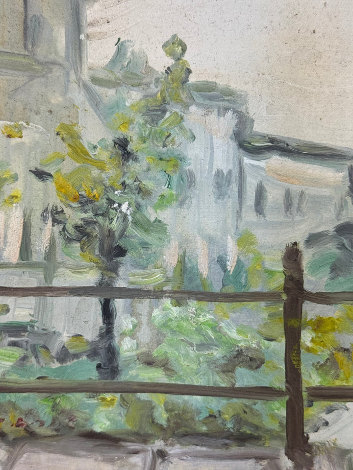 Dipinto vintage su tavola "Veduta urbana con terrazza"