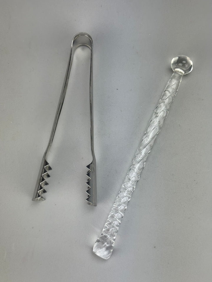 Secchiello ghiaccio in vetro pressato con pinza e mescolatore vintage