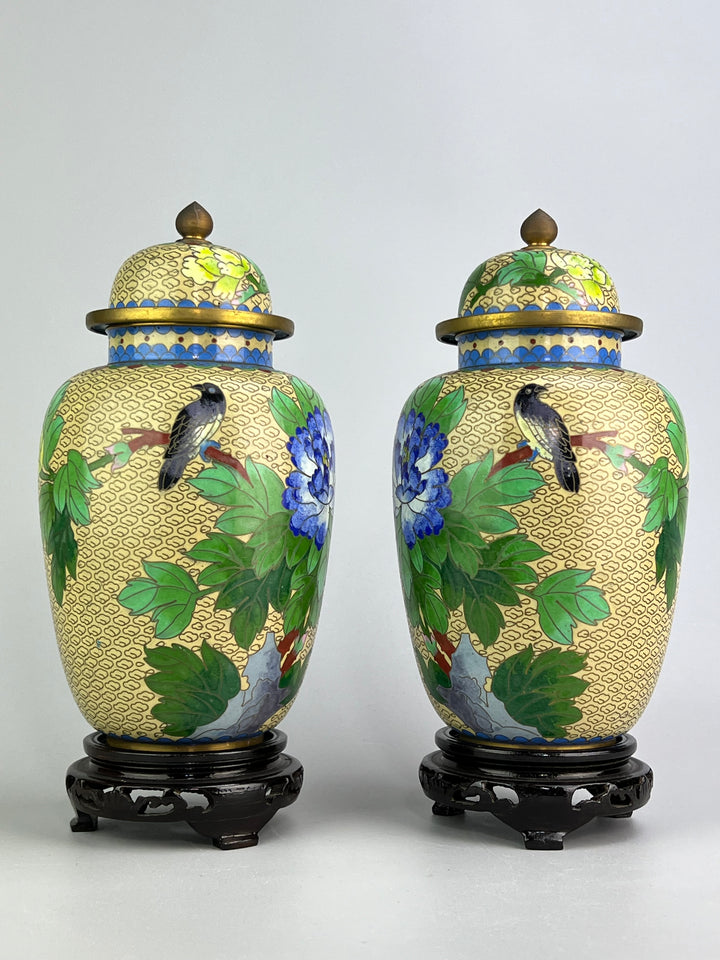 Coppia di vasi cinesi cloisonné con coperchio e base in legno