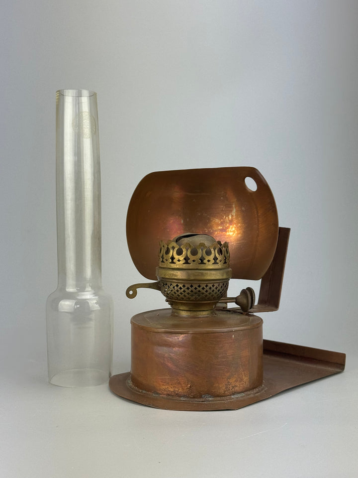 Lampada ad Olio Duplex in rame con campana vetro E. Lebrecht e figli