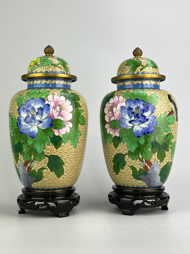 Coppia di vasi cinesi cloisonné con coperchio e base in legno