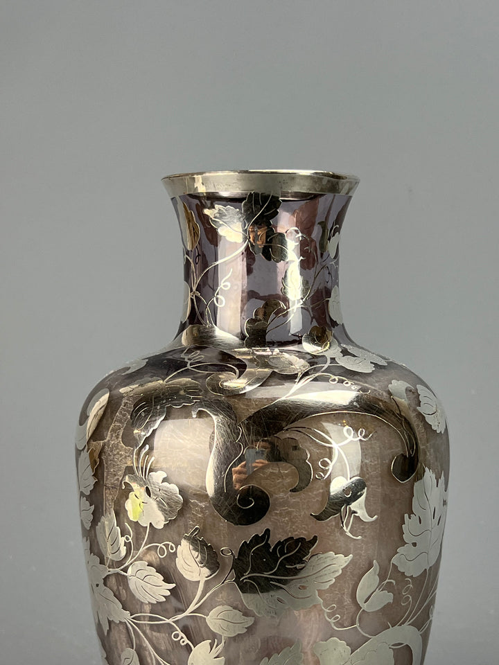 Vaso vetro decorato motivo floreale argento vintage