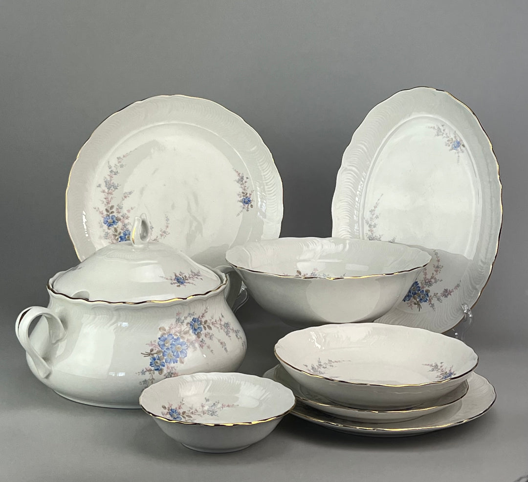 Servizio da tavola per 10 persone Royal Tognana decoro floreale blu e profili oro