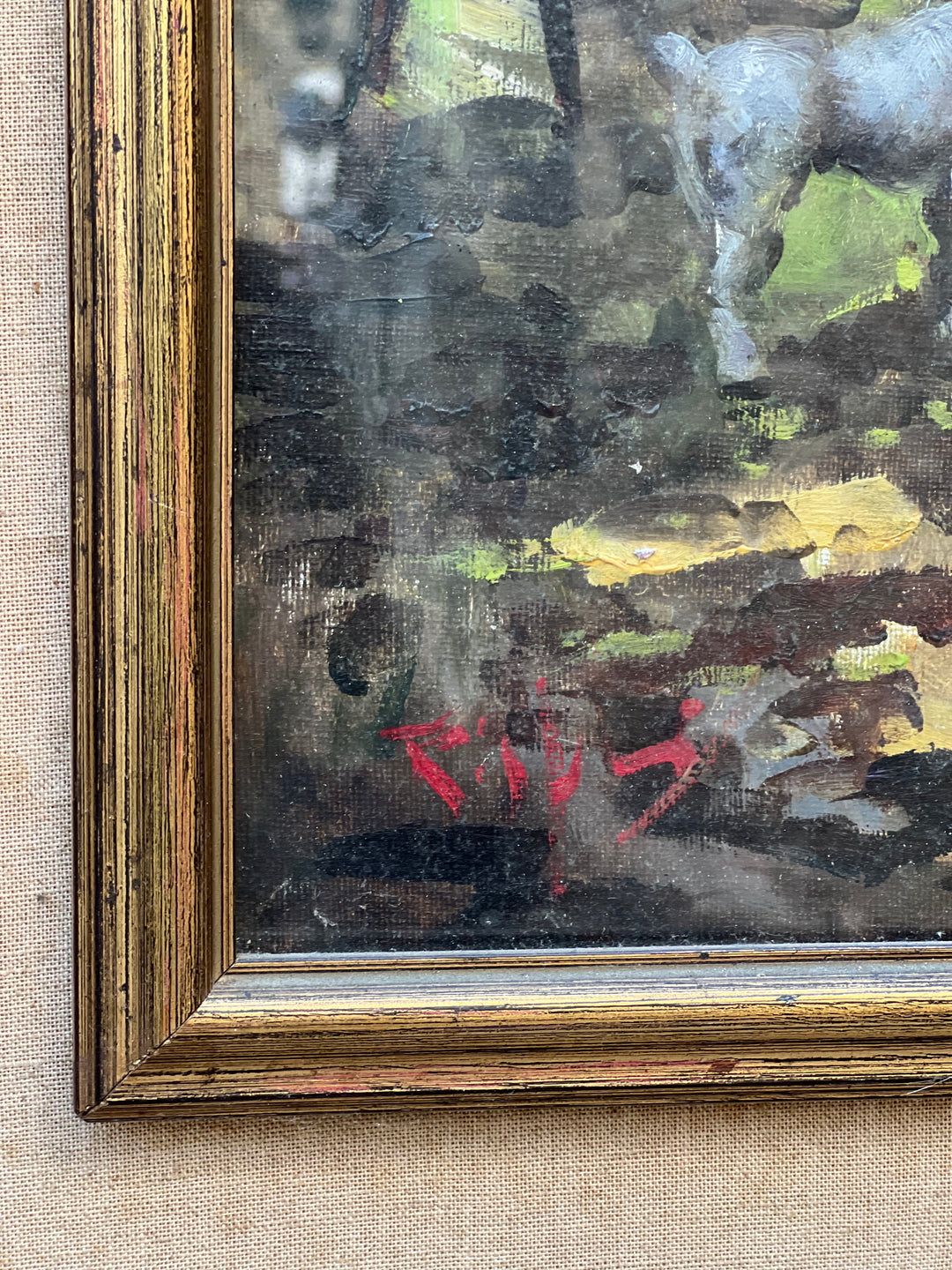 Quadro olio su tela incontro tra donne al parco '900