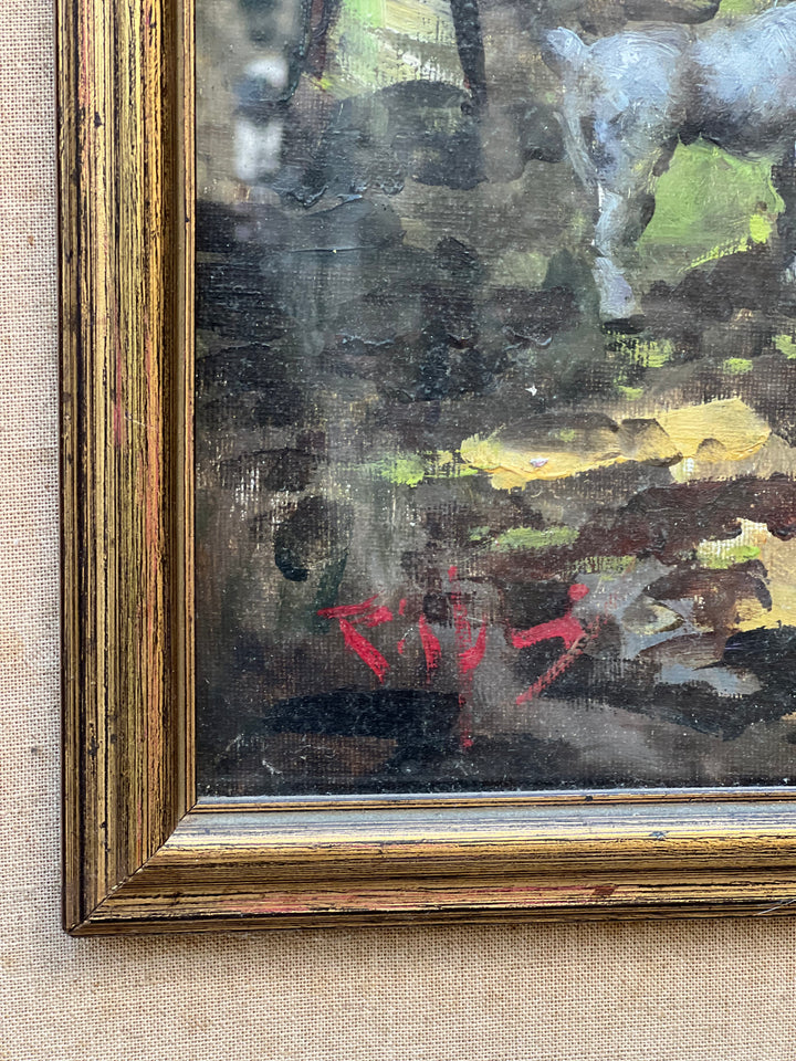 Quadro olio su tela incontro tra donne al parco '900