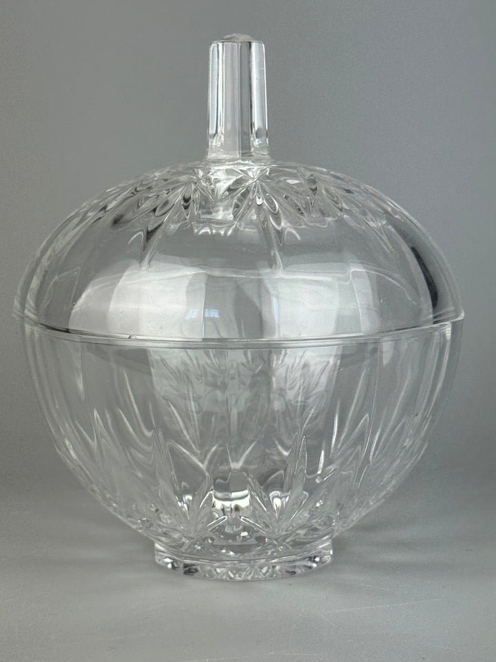 Scatola porta bon bon vintage in vetro trasparente decorato con coperchio