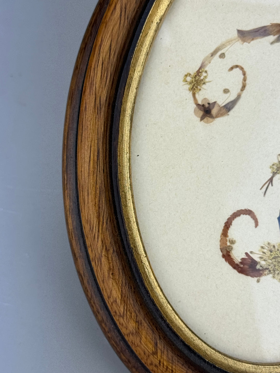 Quadretto ovale con iniziale “F” realizzata con fiori secchi pressati