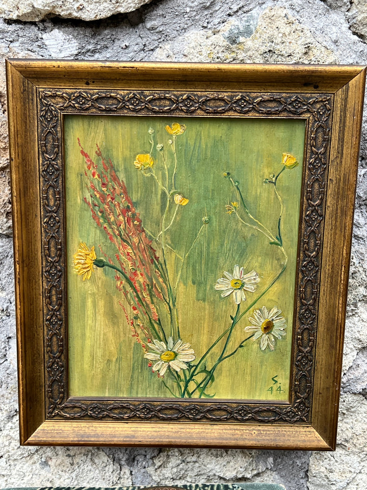 Quadro vintage – Olio su tavola con fiori di campo – Firmato