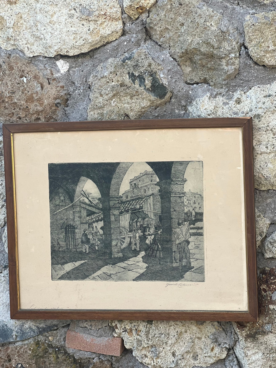 Acquaforte realizzata da Guido Colucci dove rappresenta una vivace scena di vita quotidiana probabilmente sul ponte vecchio di Firenze.

Ideale per chi apprezza le rappresentazioni storiche, questa stampa è un complemento distintivo per qualsiasi collezione d'arte o decorazione interna che celebri la ricchezza della vita cittadina e della storia culturale.

Misure 55x42 cm&nbsp;