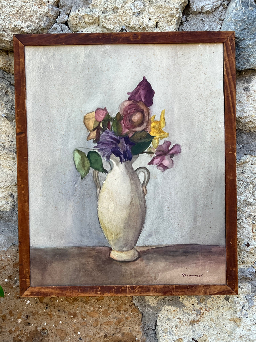 Acquarello vintage con vaso di fiori firmato Girometti, incorniciato
