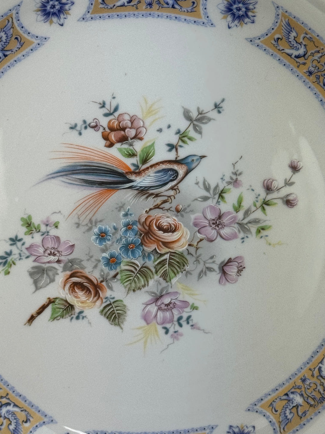 Vassoio in porcellana St. Martin stile Vieux Limoges con uccello e decori floreali