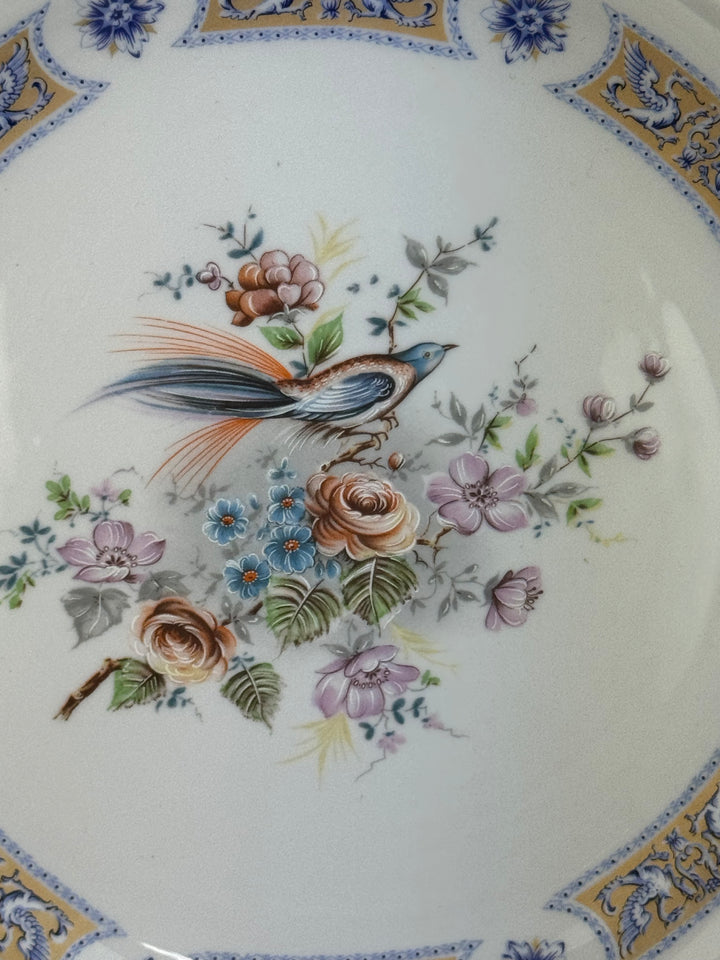 Vassoio in porcellana St. Martin stile Vieux Limoges con uccello e decori floreali