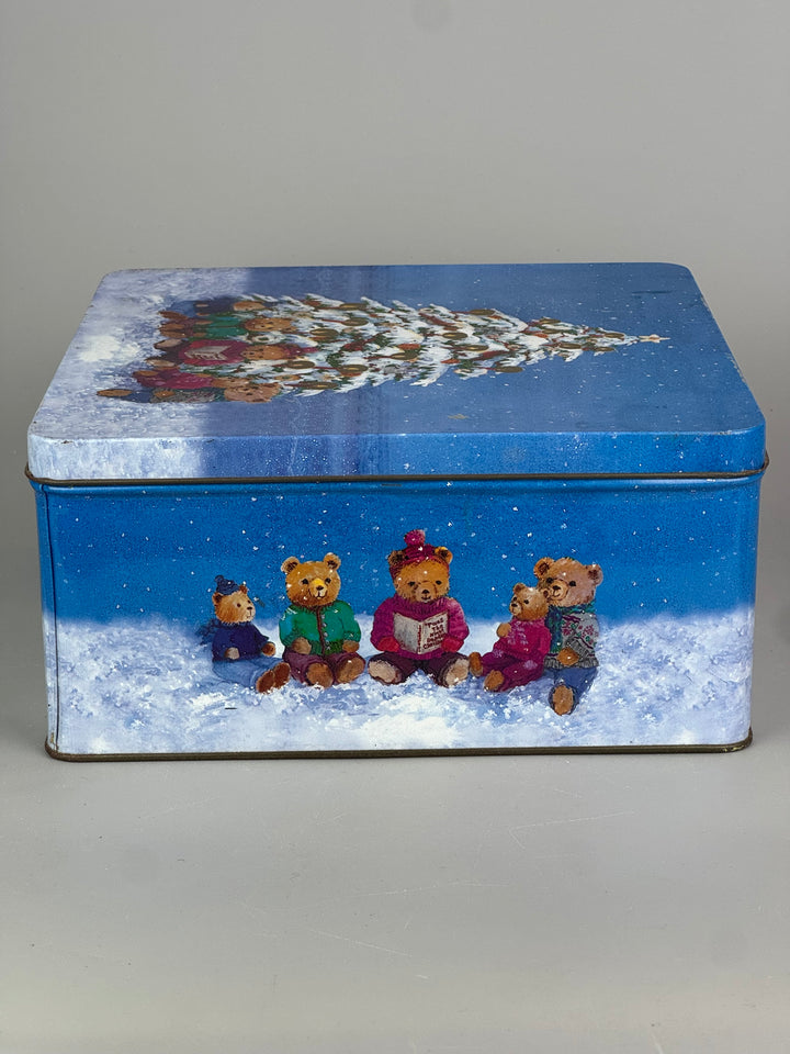 Scatola di latta natalizia vintage con orsetti e albero di Natale
