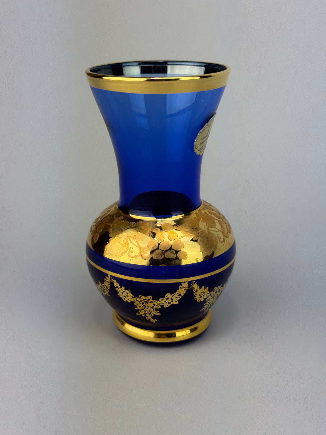 Vasetto in vetro blu con decoro dorato Murano