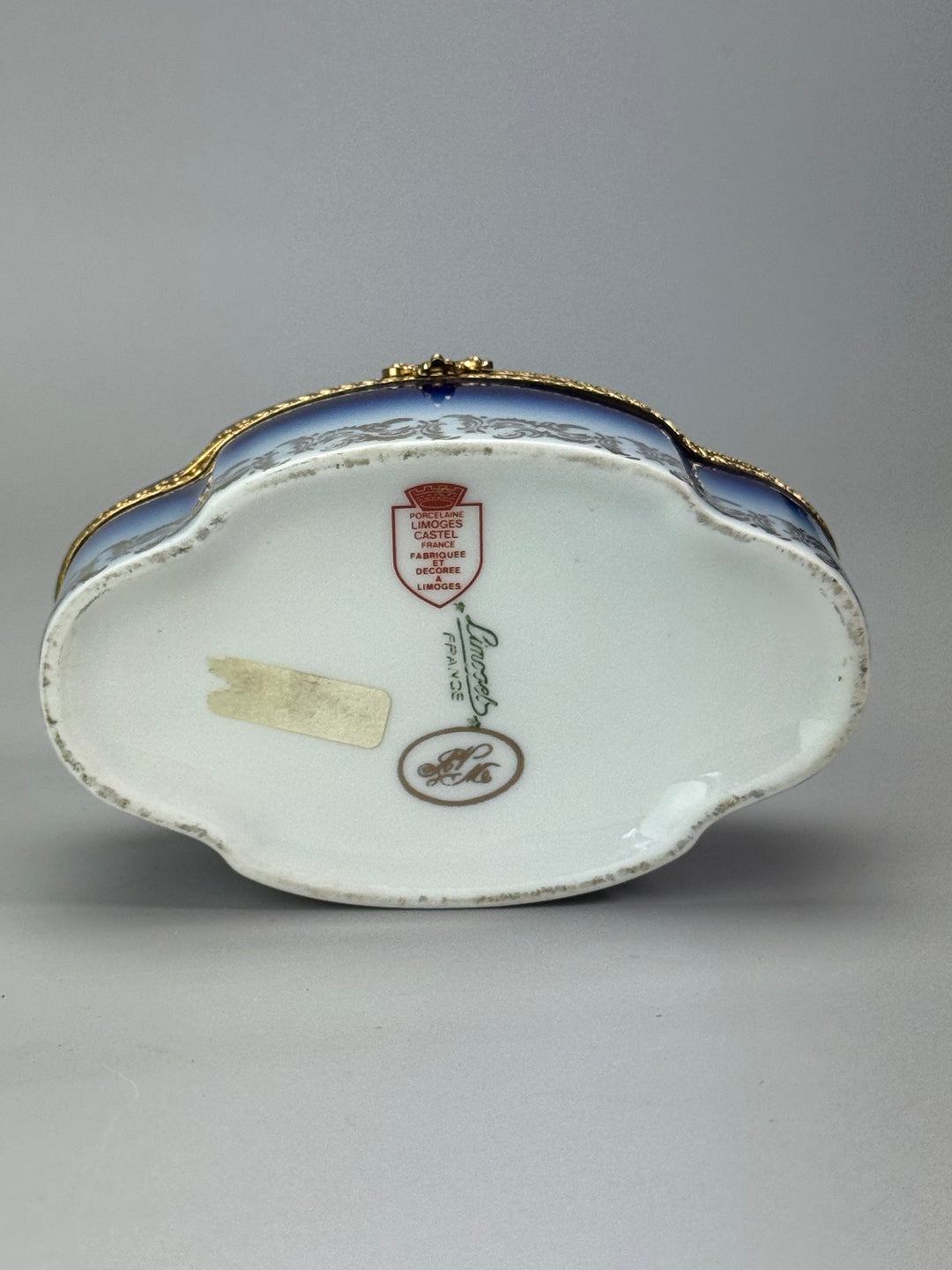 Scatola Portagioie porcellana Limoges decoro floreale blu dettagli dorati
