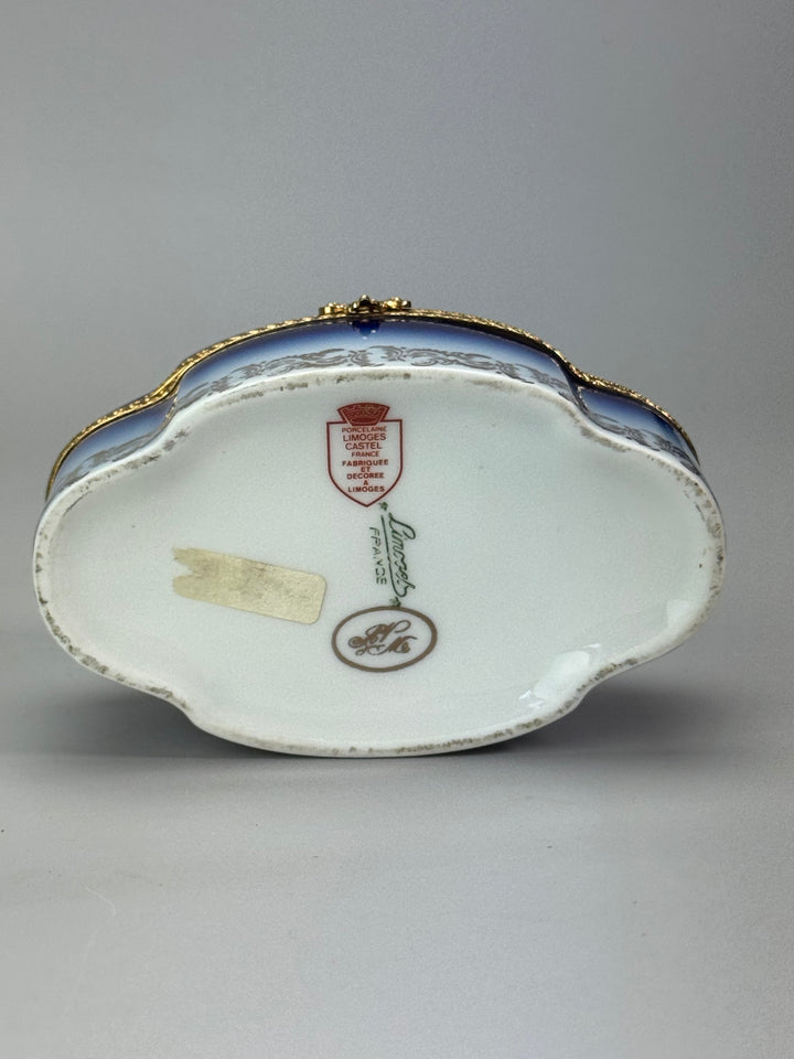 Scatola Portagioie porcellana Limoges decoro floreale blu dettagli dorati